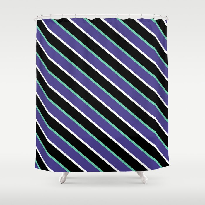 Aquamarine, Dark Slate Blue, White, and Black Colored Striped/Lined Pattern Shower Curtain