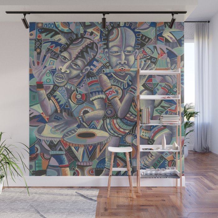 The Drummer and the Flutist music painting from Africa Wall Mural