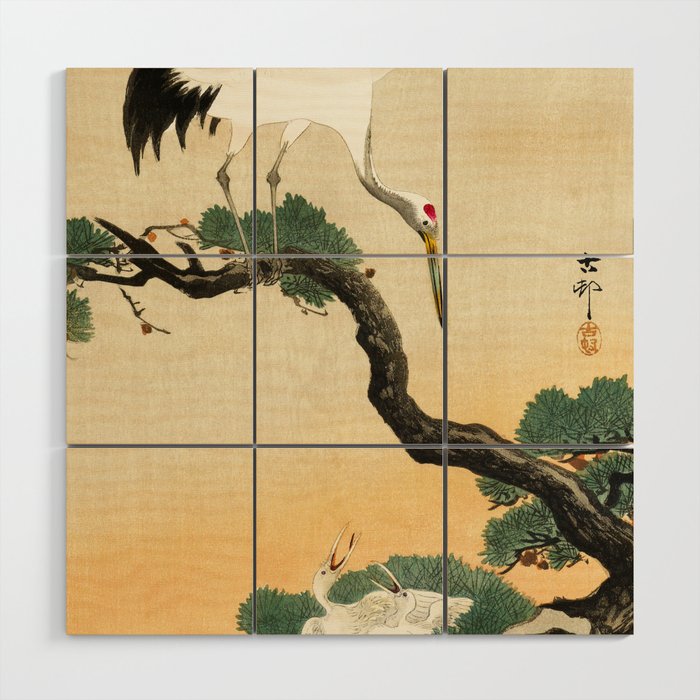 Crane and its chicks on a pine tree  - Vintage Japanese Woodblock Print Art Wood Wall Art