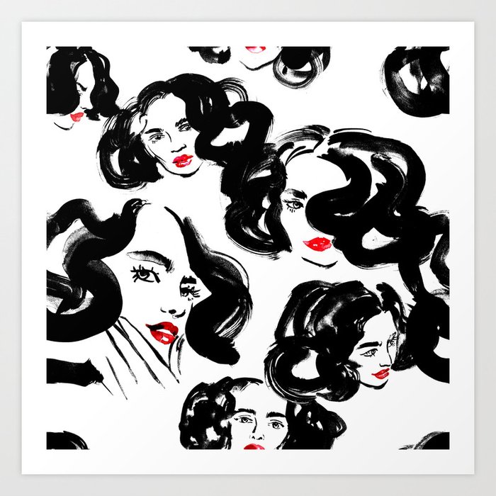 A Pattern Of Glamorous Girls With Wavy Hair In Black And Red