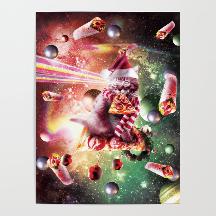 Christmas Space Cat Eating Pizza - Laser Eyes Poster