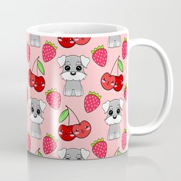Cute little happy grey little baby Schnauzer puppies, yummy red sweet summer strawberries and funny Kawaii cherries pastel coral red fruity pattern design. Coffee Mug
