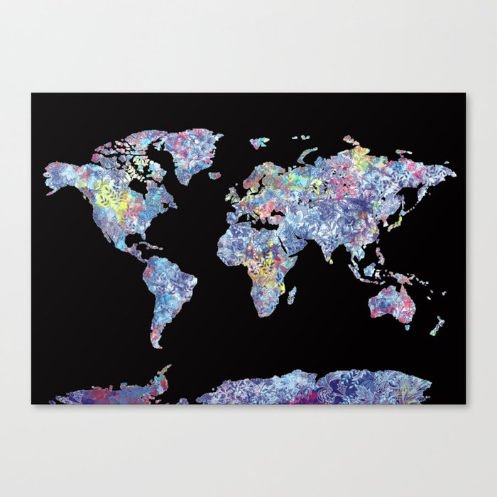 world map floral black Canvas Print
