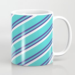 [ Thumbnail: Turquoise, Dark Slate Blue & White Colored Striped Pattern Coffee Mug ]