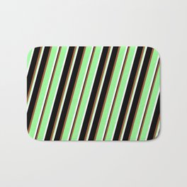 [ Thumbnail: Sienna, Green, White & Black Colored Lined Pattern Bath Mat ]