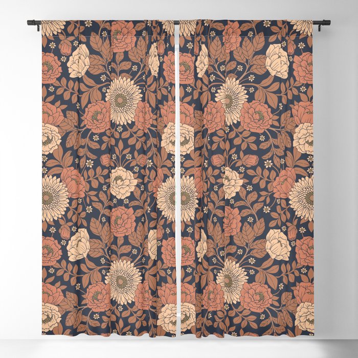 Peach, Dusty Rose, Mauve & Blue-Gray Floral Pattern Blackout Curtain