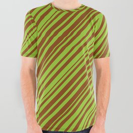[ Thumbnail: Green & Brown Colored Striped Pattern All Over Graphic Tee ]