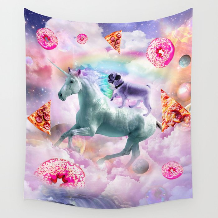 Rainbow Pug In Space Riding A Unicorn Wall Tapestry