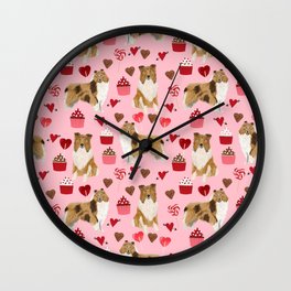 Rough Collie valentines day love cupcakes pattern dog breeds pet portraits for dog lover Wall Clock