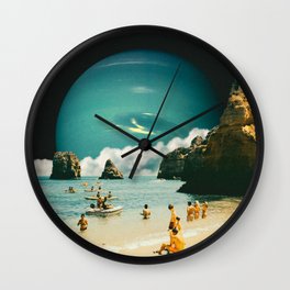 Space Beach Wall Clock | Vintage, Aesthetic, Beach, Surreal, Cloudart, Planet, Retro, Curated, Summer, People 
