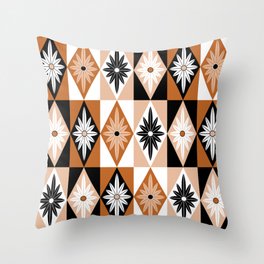 Geometric Diamond Flower Pattern // Terracotta, Potter's Clay, Black and White Throw Pillow