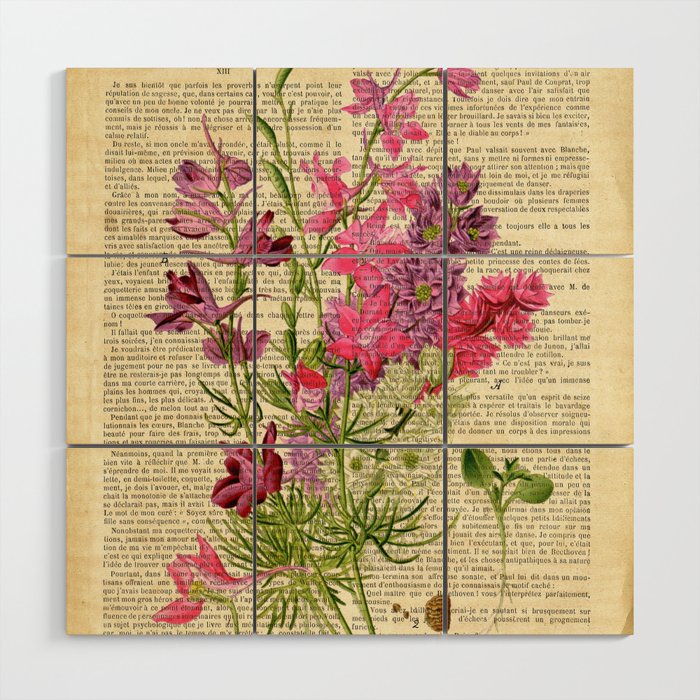 Botanical print on old book page - garden flowers Wood Wall Art