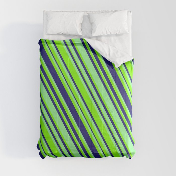 Midnight Blue, Green & Chartreuse Colored Lined/Striped Pattern Comforter