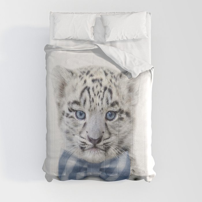 Baby Snow Leopard With Blue Bowtie, Art for Kids, Baby Animals Art Print by Synplus Comforter
