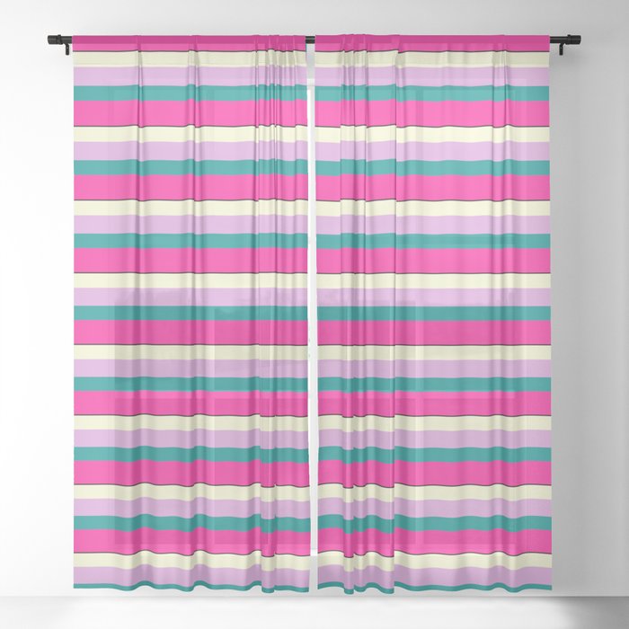 Colorful Light Yellow, Plum, Dark Cyan, Deep Pink & Black Colored Lined Pattern Sheer Curtain