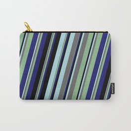 [ Thumbnail: Powder Blue, Dim Gray, Dark Sea Green, Midnight Blue, and Black Colored Lines/Stripes Pattern Carry-All Pouch ]