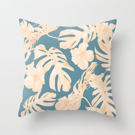 Island Vacay Hibiscus Palm Leaf Coral Teal Blue Throw Pillow