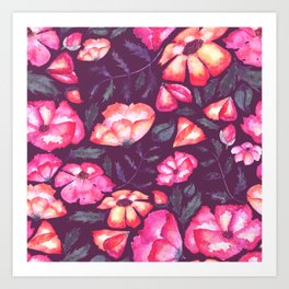 watercolor flower pattern - pink retro Art Print