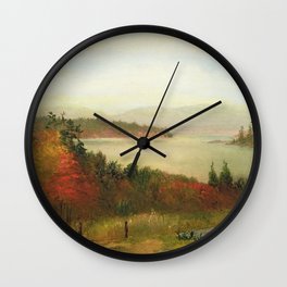 Autumn New England maple tree and birch October foliage lake sunrise alpine landscape painting by H. Dodge Martin Wall Clock