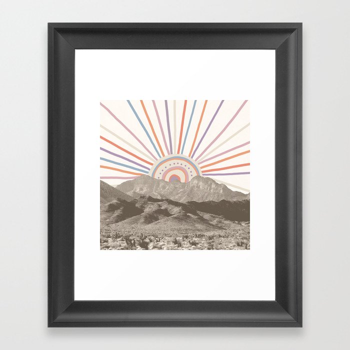Bohemian Tribal Sun / Abstract Vintage Mountain Happy Summer Vibes Retro Colorful Pastel Sky Artwork Framed Art Print