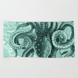 Octopus Green Monochrome Vintage Map Watercolor Nautical Beach Towel