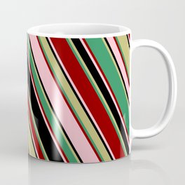 [ Thumbnail: Colorful Pink, Black, Dark Khaki, Sea Green & Dark Red Colored Pattern of Stripes Coffee Mug ]