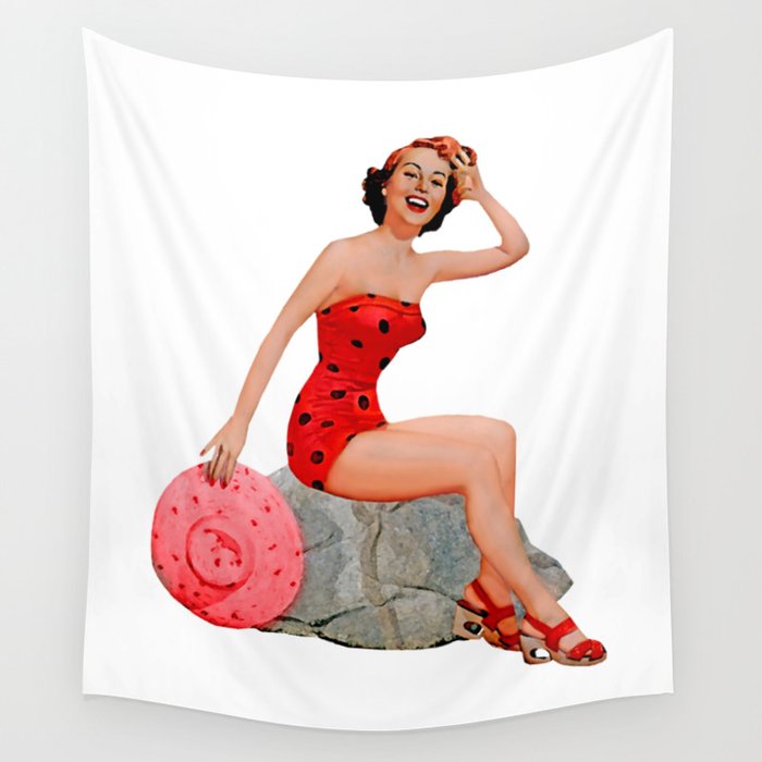 Sexy Brunette Pinup Girl in Red Skirt On The Rock Wall Tapestry
