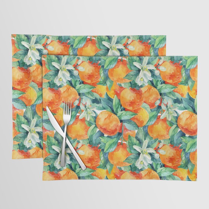 Watercolor mandarine orange fruit with leaves and blossom seamless pattern on white background. Orange citrus tree. Mandarin bloom. Tangerine, leaf, flower in retro style. Hand painted illustration Placemat