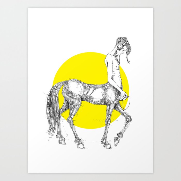 Young centaur with headphones and mp3 player Art Print