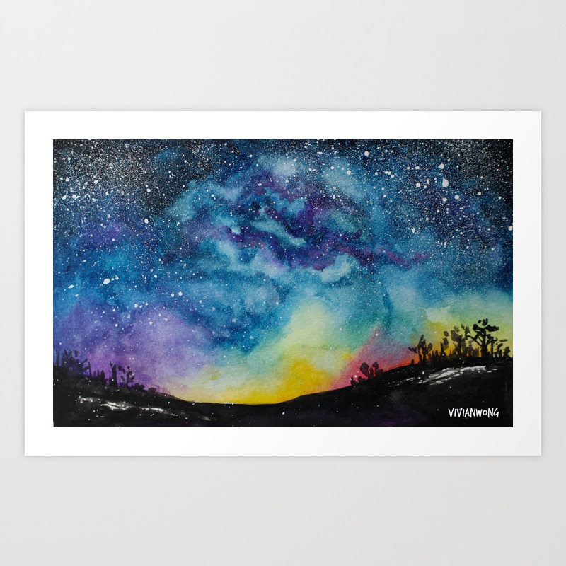 Starry Night Landscape Watercolour Painting Art Print By