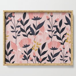 Spring Cozy Pink Flowers with Dark Green Leaves Serving Tray