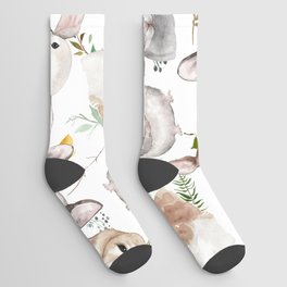 Watercolor black white brown forest animals green foliage floral  Socks