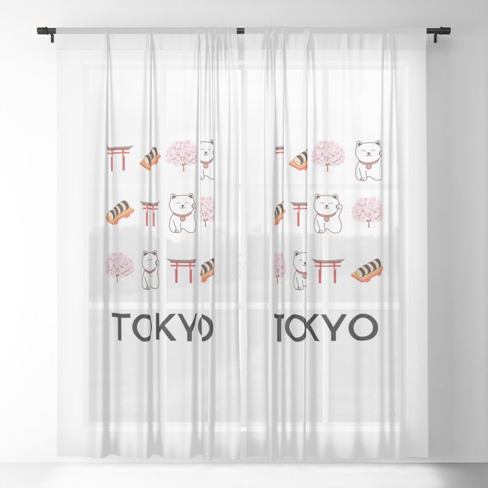 Tokyo Retro Illustration Art Decor Boho Vacations Modern Decor  Sheer Curtain