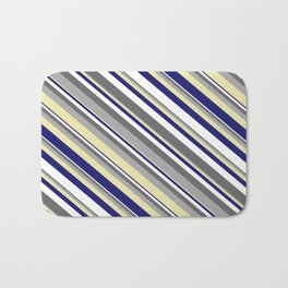 [ Thumbnail: Vibrant Dim Grey, Dark Gray, Pale Goldenrod, Midnight Blue, and White Colored Lined Pattern Bath Mat ]