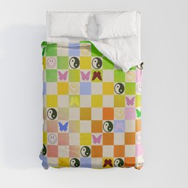Y2k Butterfly Yin Yang Smiley Rainbow Gradient Checker Duvet Cover