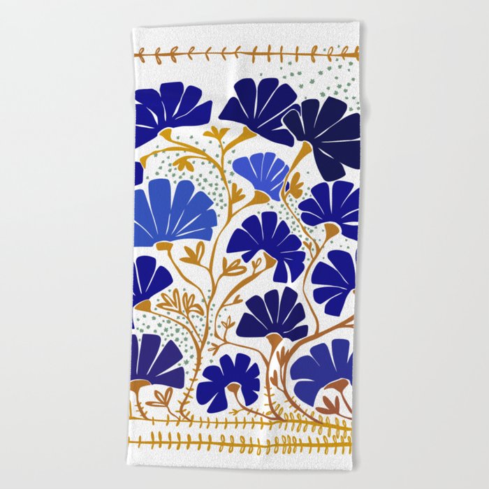 Klimts always blooming good mood bright blue Beach Towel