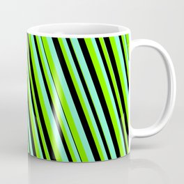 [ Thumbnail: Aquamarine, Green & Black Colored Lines/Stripes Pattern Coffee Mug ]