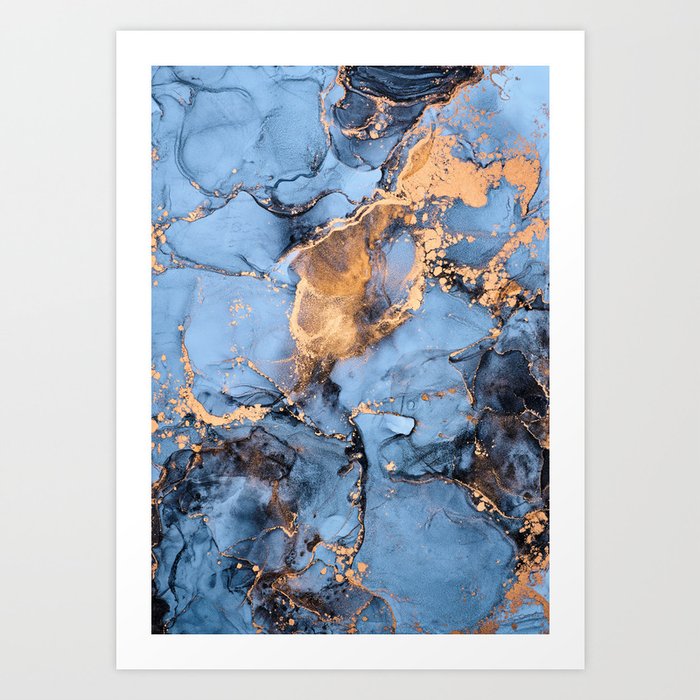 Dusty Blue + Goldenrod Abstract Marble Haze Art Print