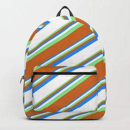 [ Thumbnail: Blue, White, Light Green, and Chocolate Colored Lined Pattern Backpack ]