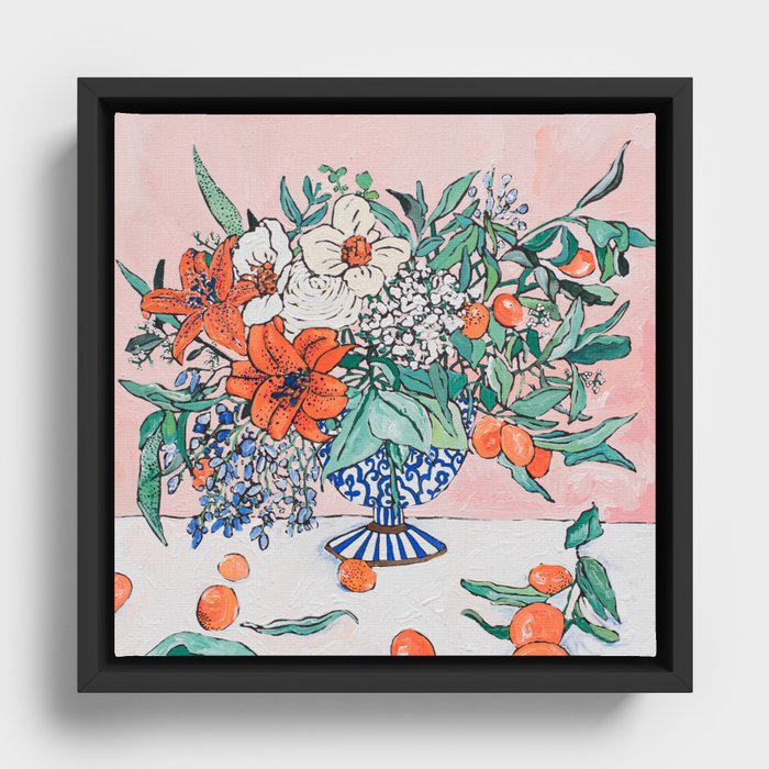 California Summer Bouquet - Oranges and Lily Blossoms in Blue and White Urn Framed Canvas