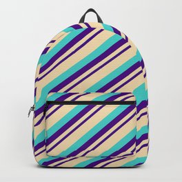 [ Thumbnail: Indigo, Tan, and Turquoise Colored Striped/Lined Pattern Backpack ]