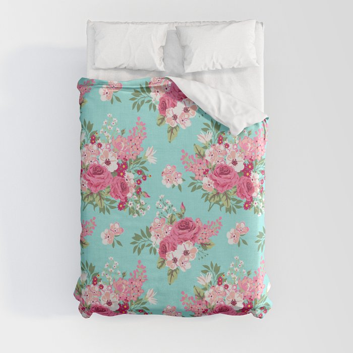 Cottage Chic Pink and Red Roses on Turquoise Linen Duvet Cover