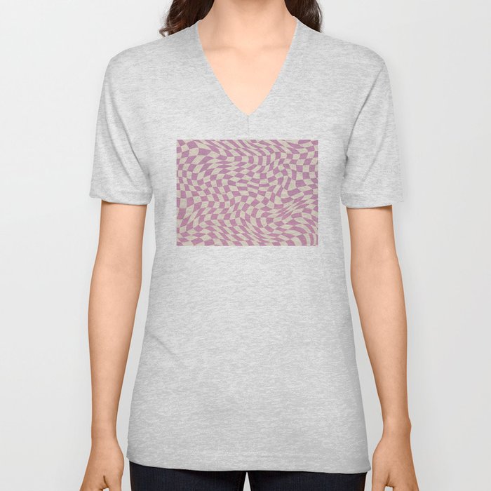 Soft pink purple warp checked V Neck T Shirt