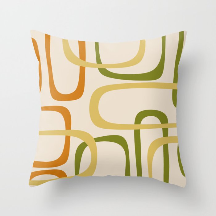 Fine Loops Mid-Century Modern Minimalist Olive Green, Burnt Orange, Mustard, and Beige Throw Pillow