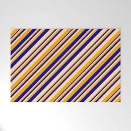 [ Thumbnail: Bisque, Orange, and Dark Blue Colored Stripes/Lines Pattern Welcome Mat ]