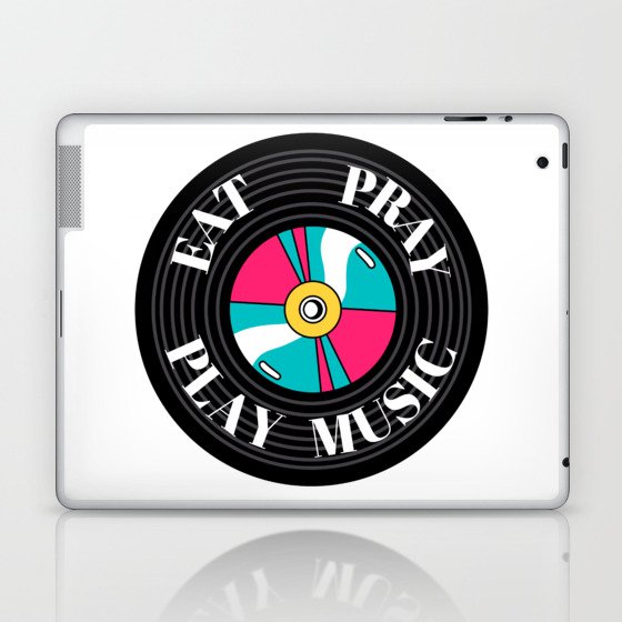 The circular colored illustration shows a black vinyl on which the words eat, pray, play music Laptop & iPad Skin