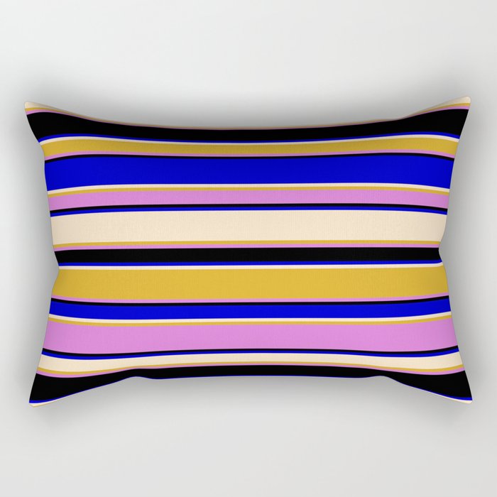 Colorful Blue, Bisque, Goldenrod, Orchid, and Black Colored Stripes Pattern Rectangular Pillow