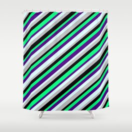 [ Thumbnail: Green, Indigo, Light Cyan, Grey, and Black Colored Lines Pattern Shower Curtain ]