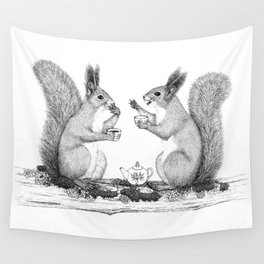 Squirrels drinking tea and chatting Wall Tapestry