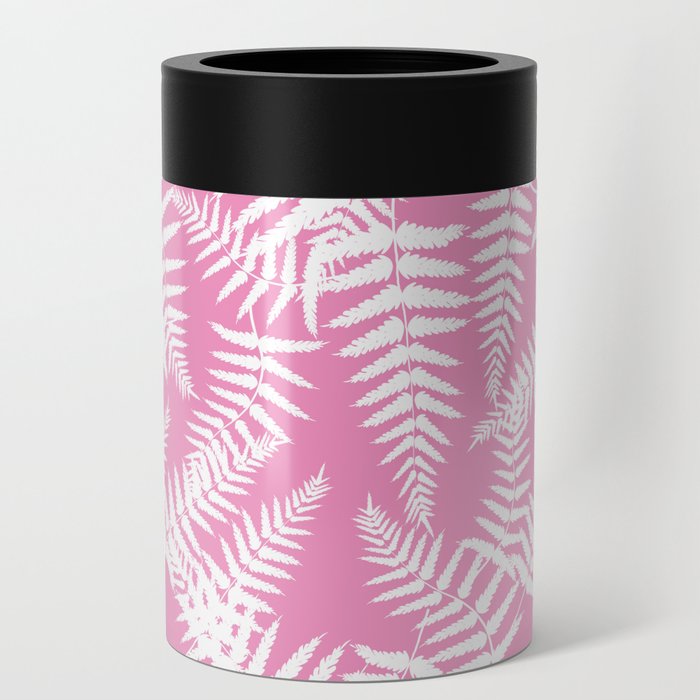 Pink And White Fern Leaf Pattern Can Cooler